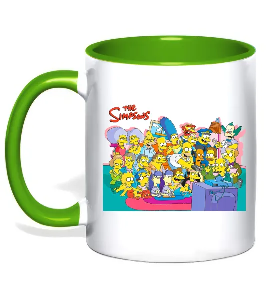 Чашка с цветной ручкой Сімпсони персонажі перед телевізором Лаймовый фото