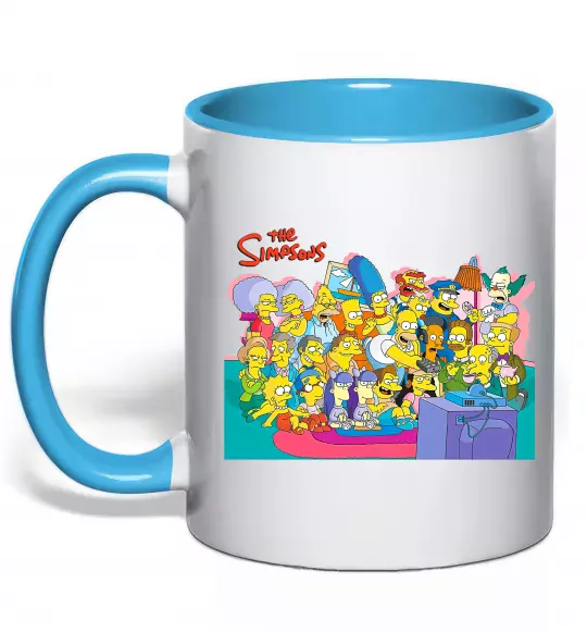 Чашка з кольоровою ручкою Сімпсони персонажі перед телевізором Блакитний фото