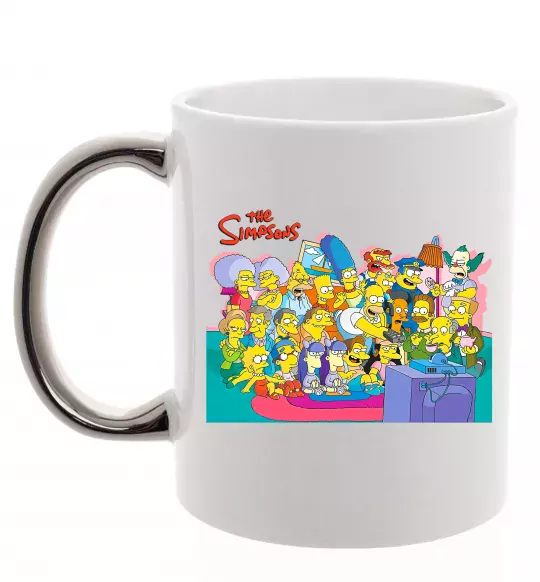 Чашка з кольоровою ручкою Сімпсони персонажі перед телевізором Срібло фото