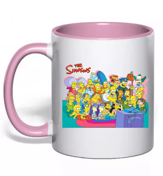 Чашка з кольоровою ручкою Сімпсони персонажі перед телевізором Ніжно рожевий фото