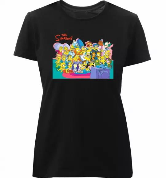 Жіноча преміум футболка Сімпсони персонажі перед телевізором Чорний фото