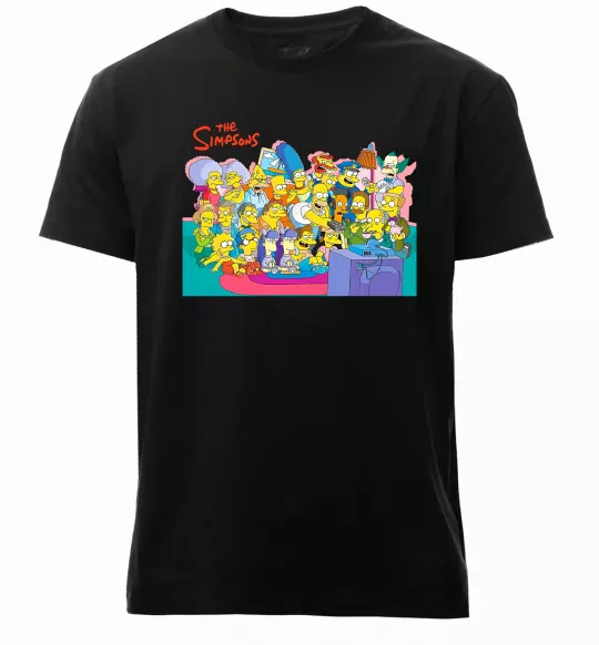 Мужская премиум футболка Сімпсони персонажі перед телевізором Черный фото