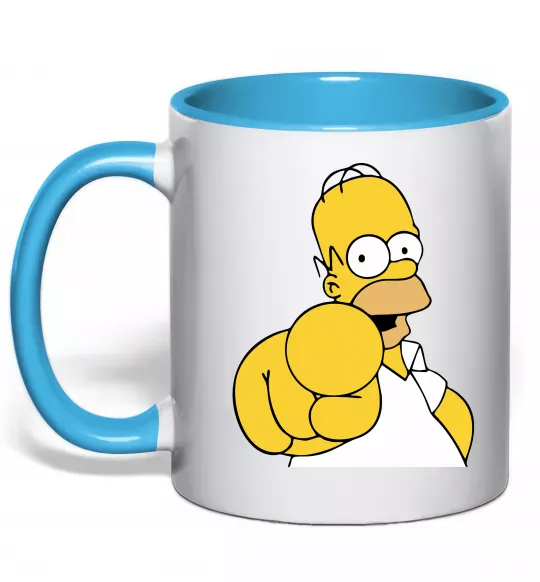 Чашка с цветной ручкой Гомер Сімпсон показує пальцем Голубой фото