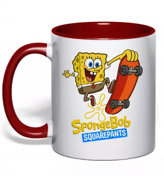 Чашка с цветной ручкой Спанч Боб на скейті Красный фото
