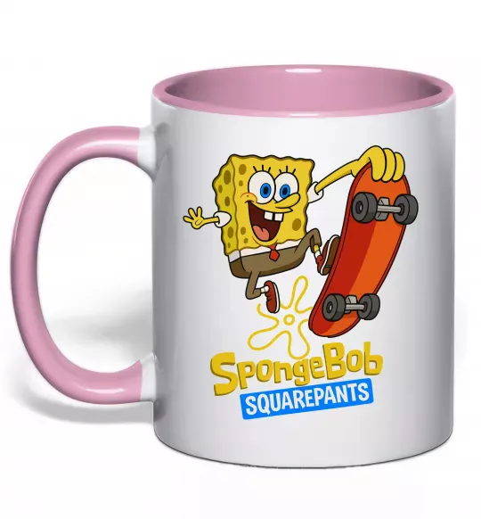 Чашка с цветной ручкой Спанч Боб на скейті Нежно розовый фото
