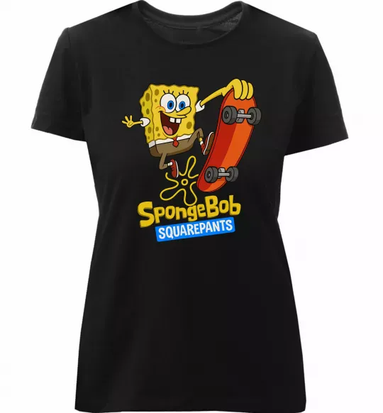 Женская премиум футболка Спанч Боб на скейті Черный фото