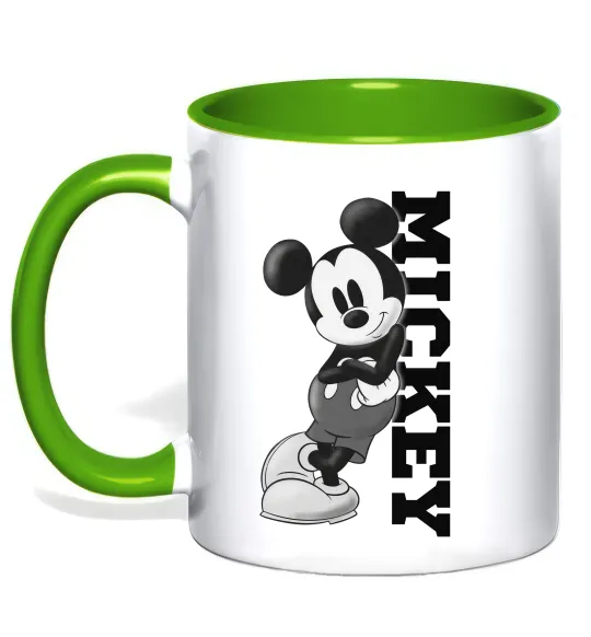 Чашка с цветной ручкой Чорно-білий Міккі Лаймовый фото