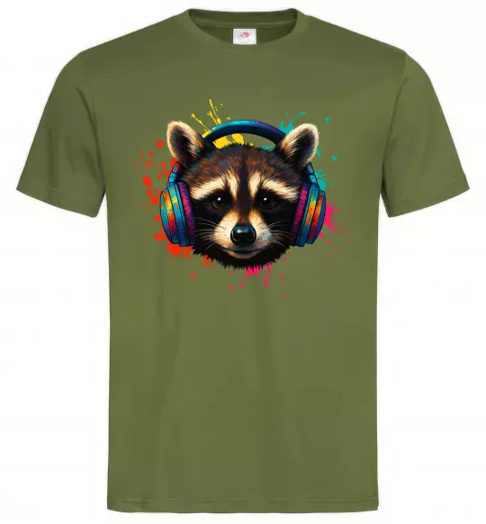 Чоловіча футболка Єнот в навушниках Оливковий фото