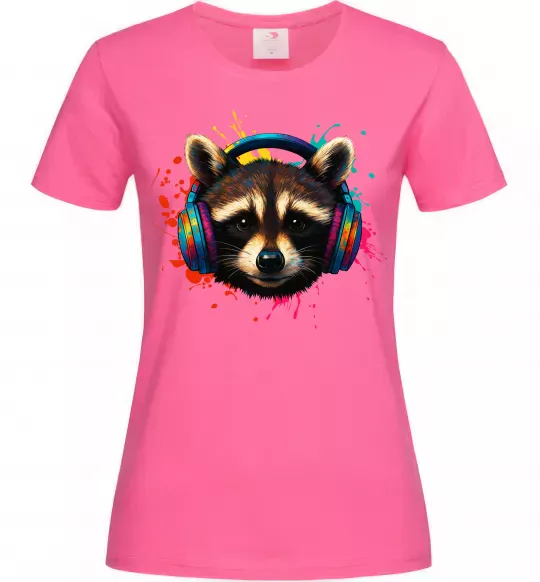 Женская футболка Єнот в навушниках Ярко-розовый фото