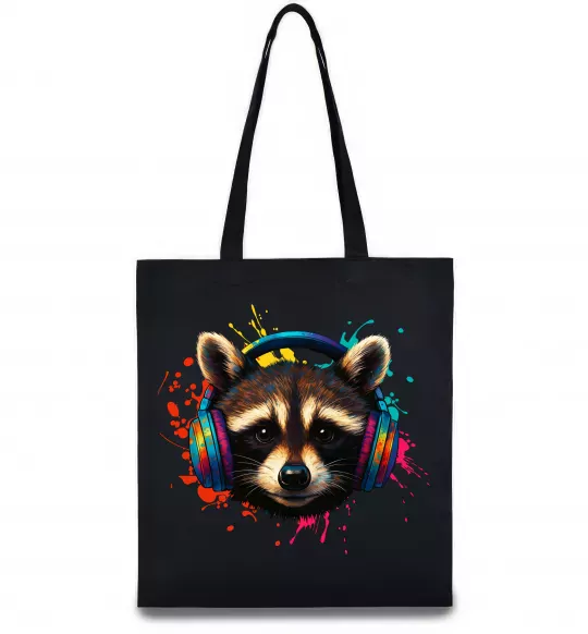 Еко-сумка Єнот в навушниках Чорний фото