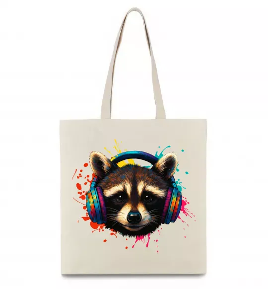 Еко-сумка Єнот в навушниках Бежевий фото