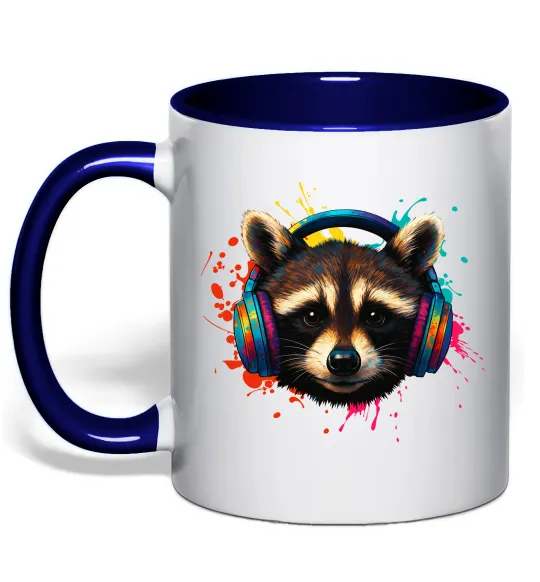 Чашка с цветной ручкой Єнот в навушниках Глубокий темно-синий фото