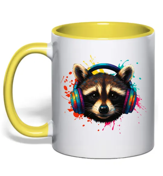 Чашка з кольоровою ручкою Єнот в навушниках Лимонний фото