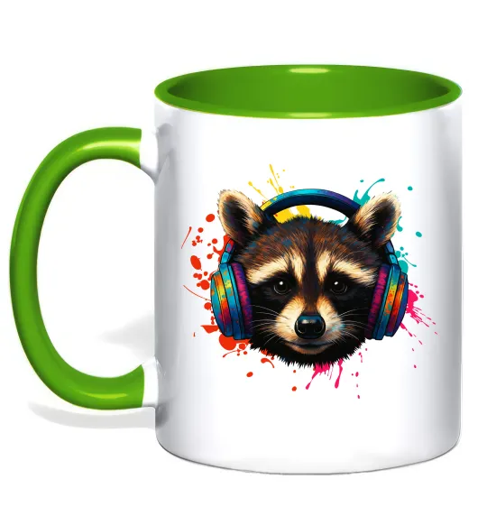 Чашка з кольоровою ручкою Єнот в навушниках Лаймовий фото