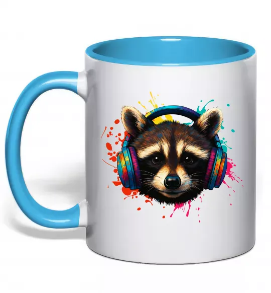 Чашка с цветной ручкой Єнот в навушниках Голубой фото