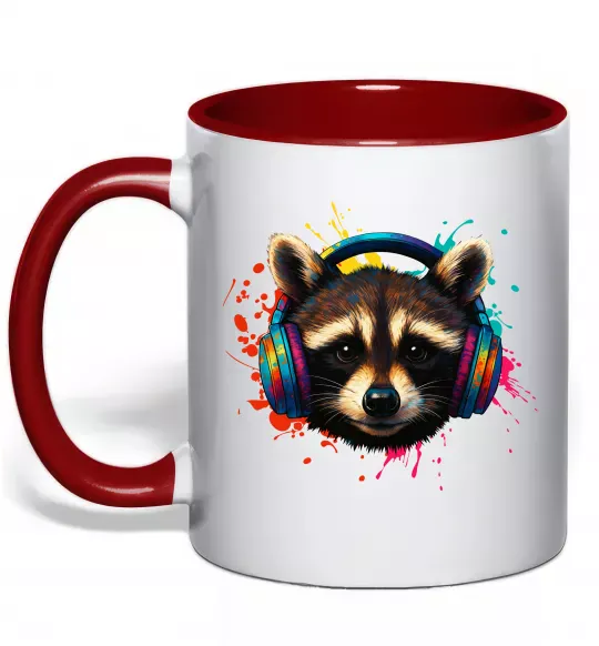 Чашка с цветной ручкой Єнот в навушниках Красный фото