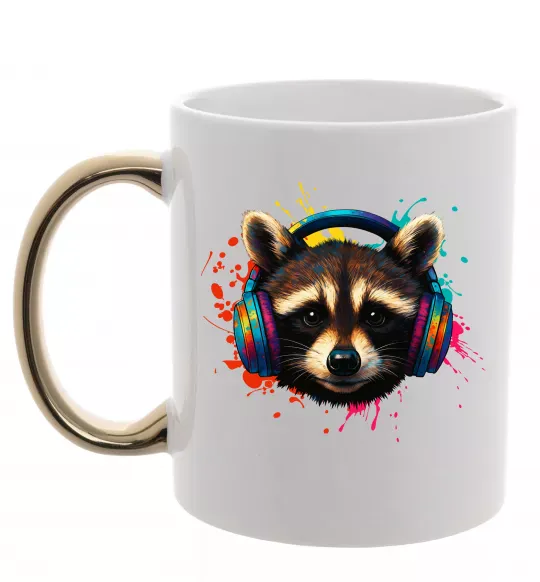 Чашка с цветной ручкой Єнот в навушниках Золото фото