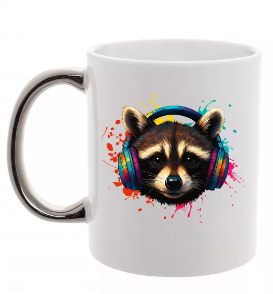 Чашка с цветной ручкой Єнот в навушниках Серебро фото