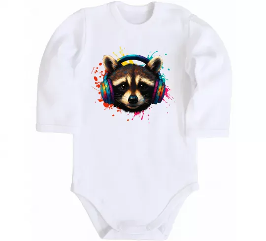 Детский боди Єнот в навушниках Белый фото