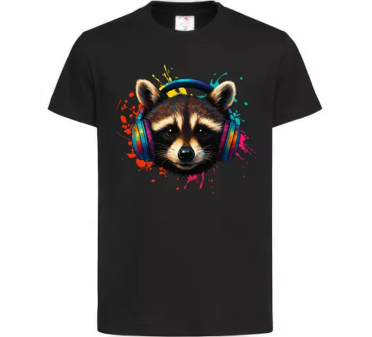 Дитяча футболка Єнот в навушниках Чорний фото