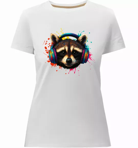 Жіноча преміум футболка Єнот в навушниках Білий фото