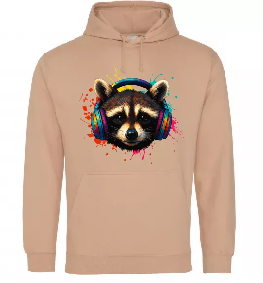 Мужская толстовка (худи) Єнот в навушниках Песочный фото