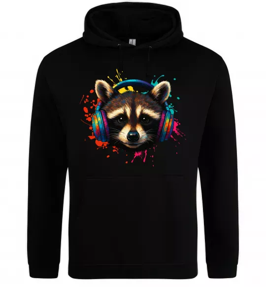 Жіноча толстовка (худі) Єнот в навушниках Чорний фото