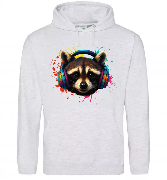 Жіноча толстовка (худі) Єнот в навушниках Сірий меланж фото