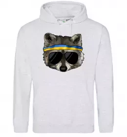 Мужская толстовка (худи) Єнот в окулярах з прапором Серый меланж фото