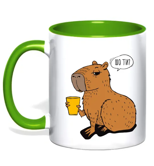 Чашка з кольоровою ручкою Капібара Шо ти? Лаймовий фото