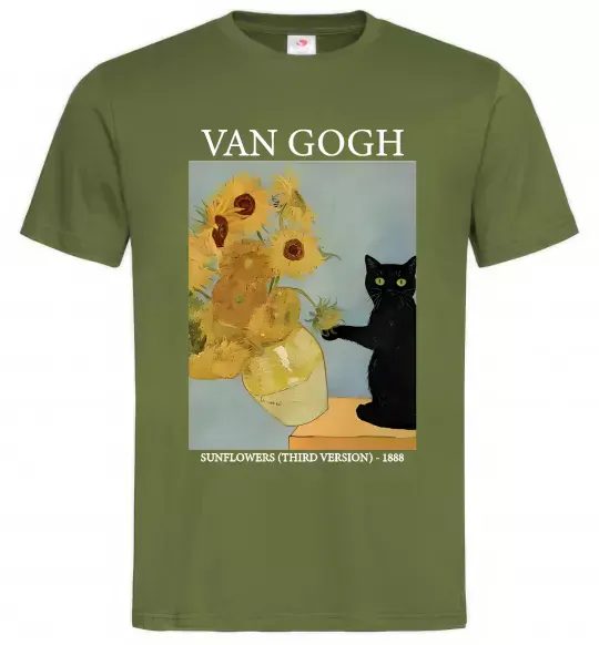 Мужская футболка Van Gogh Sunflowers and cat Оливковый фото
