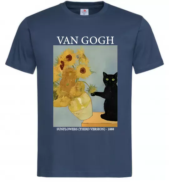 Мужская футболка Van Gogh Sunflowers and cat Темно-синий фото