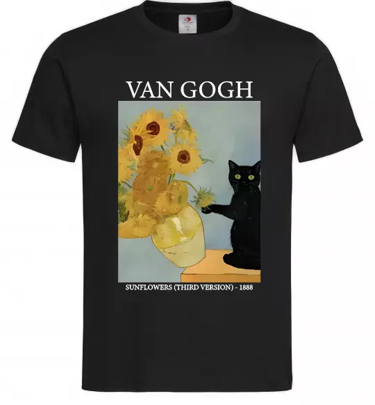 Мужская футболка Van Gogh Sunflowers and cat Черный фото