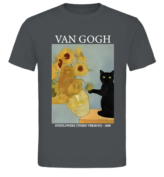 Мужская футболка Van Gogh Sunflowers and cat Графит фото