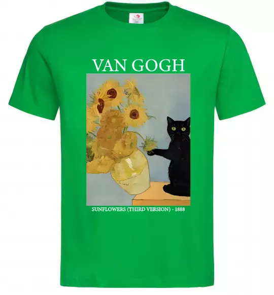 Мужская футболка Van Gogh Sunflowers and cat Зеленый фото