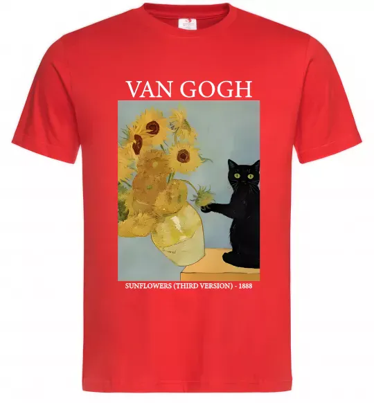 Мужская футболка Van Gogh Sunflowers and cat Красный фото