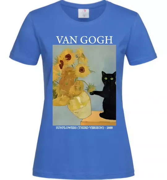 Жіноча футболка Van Gogh Sunflowers and cat Яскраво-синій фото