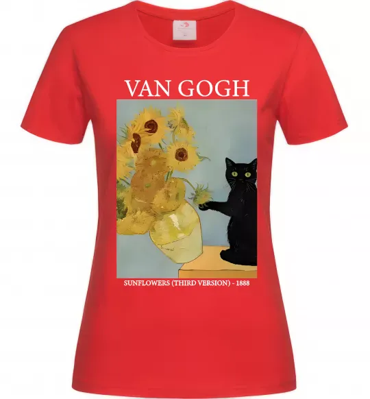 Жіноча футболка Van Gogh Sunflowers and cat Червоний фото
