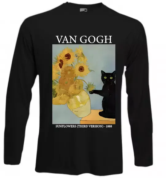 Лонгслів Van Gogh Sunflowers and cat Чорний фото