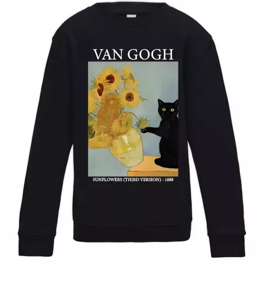 Детский Свитшот Van Gogh Sunflowers and cat Черный фото