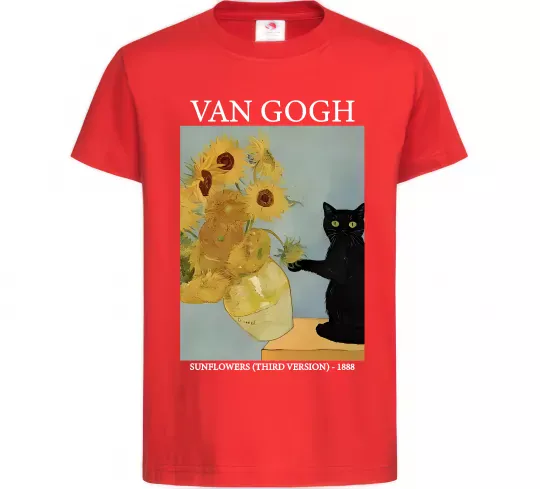 Детская футболка Van Gogh Sunflowers and cat Красный фото
