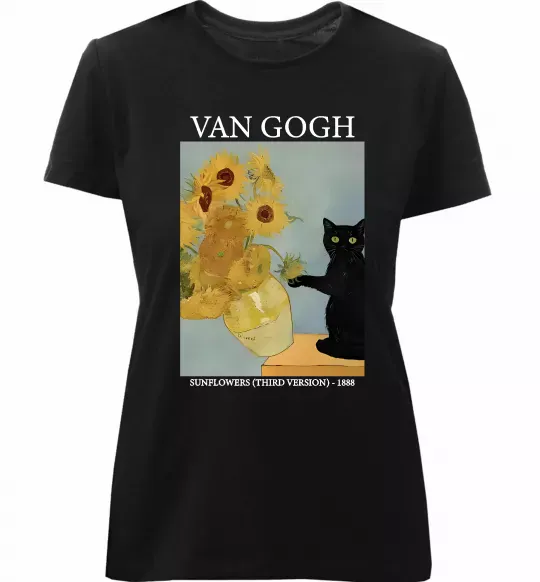 Жіноча преміум футболка Van Gogh Sunflowers and cat Чорний фото
