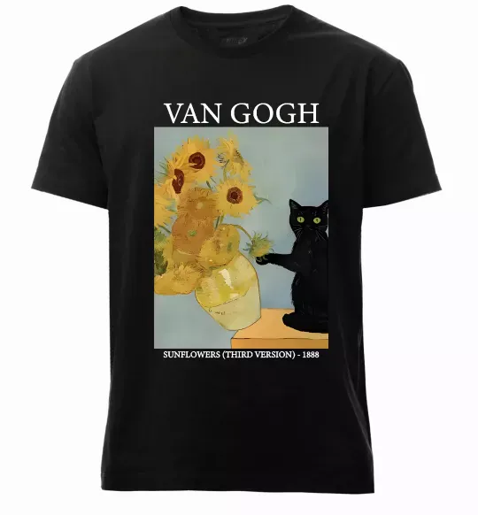 Мужская премиум футболка Van Gogh Sunflowers and cat Черный фото