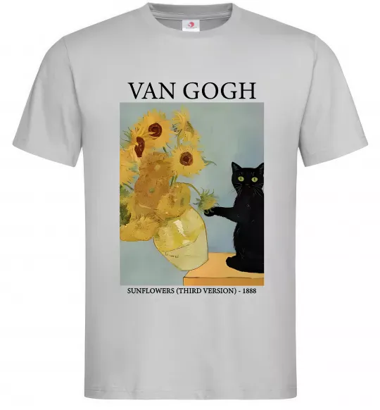 Мужская футболка Van Gogh Sunflowers and cat Серый фото