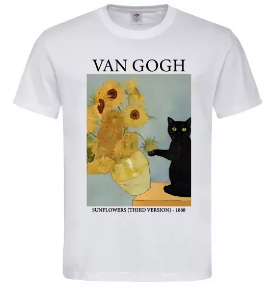 Мужская футболка Van Gogh Sunflowers and cat Белый фото
