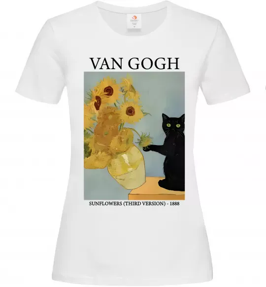 Жіноча футболка Van Gogh Sunflowers and cat Білий фото