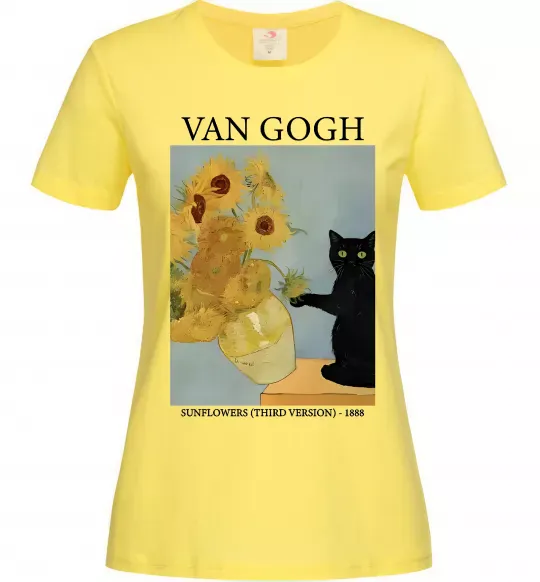 Жіноча футболка Van Gogh Sunflowers and cat Лимонний фото