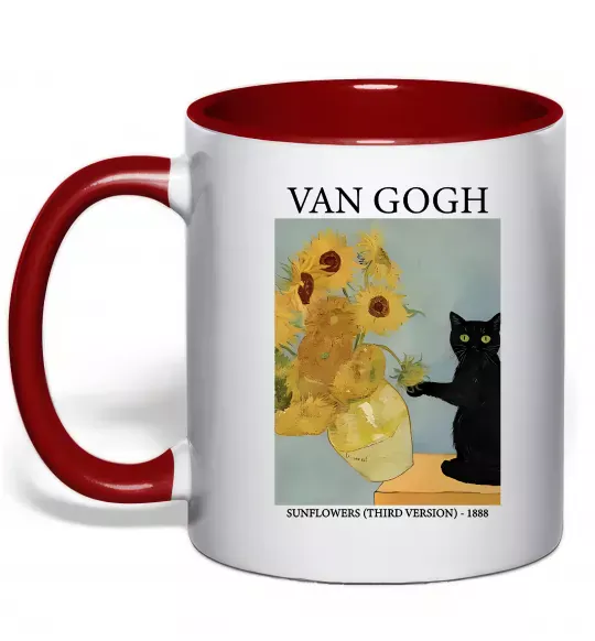 Чашка с цветной ручкой Van Gogh Sunflowers and cat Красный фото