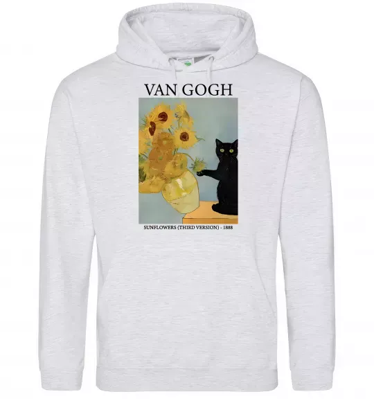 Женская толстовка (худи) Van Gogh Sunflowers and cat Серый меланж фото