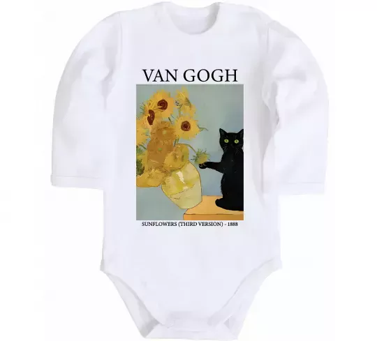 Дитячий бодік Van Gogh Sunflowers and cat Білий фото